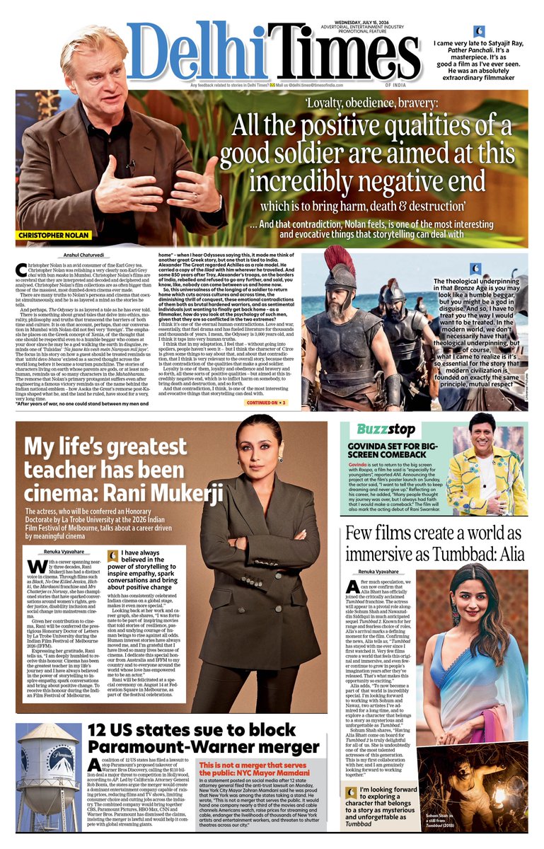 DelhiTimesTweet's tweet photo. Today's P1: #ChristopherNolan on how #TheOdyssey's timeless themes resonate with India; #RaniMukerji says cinema has been her greatest life lesson; #Govinda set to make a comeback

#DelhiTimes @odysseymovie @NolanAnalyst @ChrisNolanNews 

Read: https://t.co/tcZQt81Abv https://t.co/771HxqFtxD