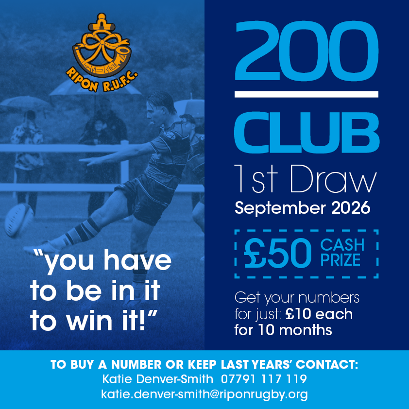 RiponRugby's tweet photo. It's that time again ... to renew your special 200 Club numbers before the first draw, or to get your name down against one number, or more, that could win you £50! You have to be in it to win it!
Contact Katie Denver-Smith to sign up, renew or pay https://t.co/fa5kt207Oh