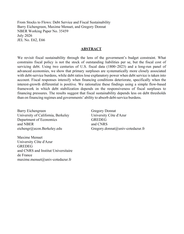 int_mon_econ's tweet photo. Highly relevant!

"From Stocks to Flows: Debt Service and Fiscal Sustainability" by Barry Eichengreen, Maxime Menuet, and Gregory Donnat.

"We revisit fiscal sustainability through the lens of the government’s budget constraint. What constrains fiscal policy is not the stock of outstanding liabilities per se, but the fiscal cost of servicing debt. Using two centuries of U.S. fiscal data (1800–2023) and a long-run panel of advanced economies, we show that primary surpluses are systematically more closely associated with debt-service burdens, while debt ratios lose explanatory power when debt service is taken into account. Fiscal responses intensify when financing conditions deteriorate, specifically when the interest-growth differential is positive. We rationalize these findings using a simple flow-based framework in which debt stabilization depends on the responsiveness of fiscal surpluses to financing pressures. The results suggest that fiscal sustainability depends less on debt thresholds than on financing regimes and governments’ ability to absorb debt-service burdens."

https://t.co/i2FsO6nc8b