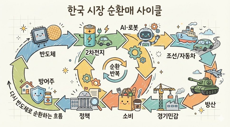 yysssun's tweet photo. 아직도 순환매가 익숙하지 않고  딱 한눈에 순환매를 볼 수 있으면 좋을 것 같아 정리해왔습니다! 다른 곳에 올려서 재업 합니다!   
한국 시장 순환매 사이클  
반도체→2차전지→AI·로봇→조선/자동차→방산→경기민감→소비→정책→방어주→다시 반도체로 순환 https://t.co/HDH0BwtyzN