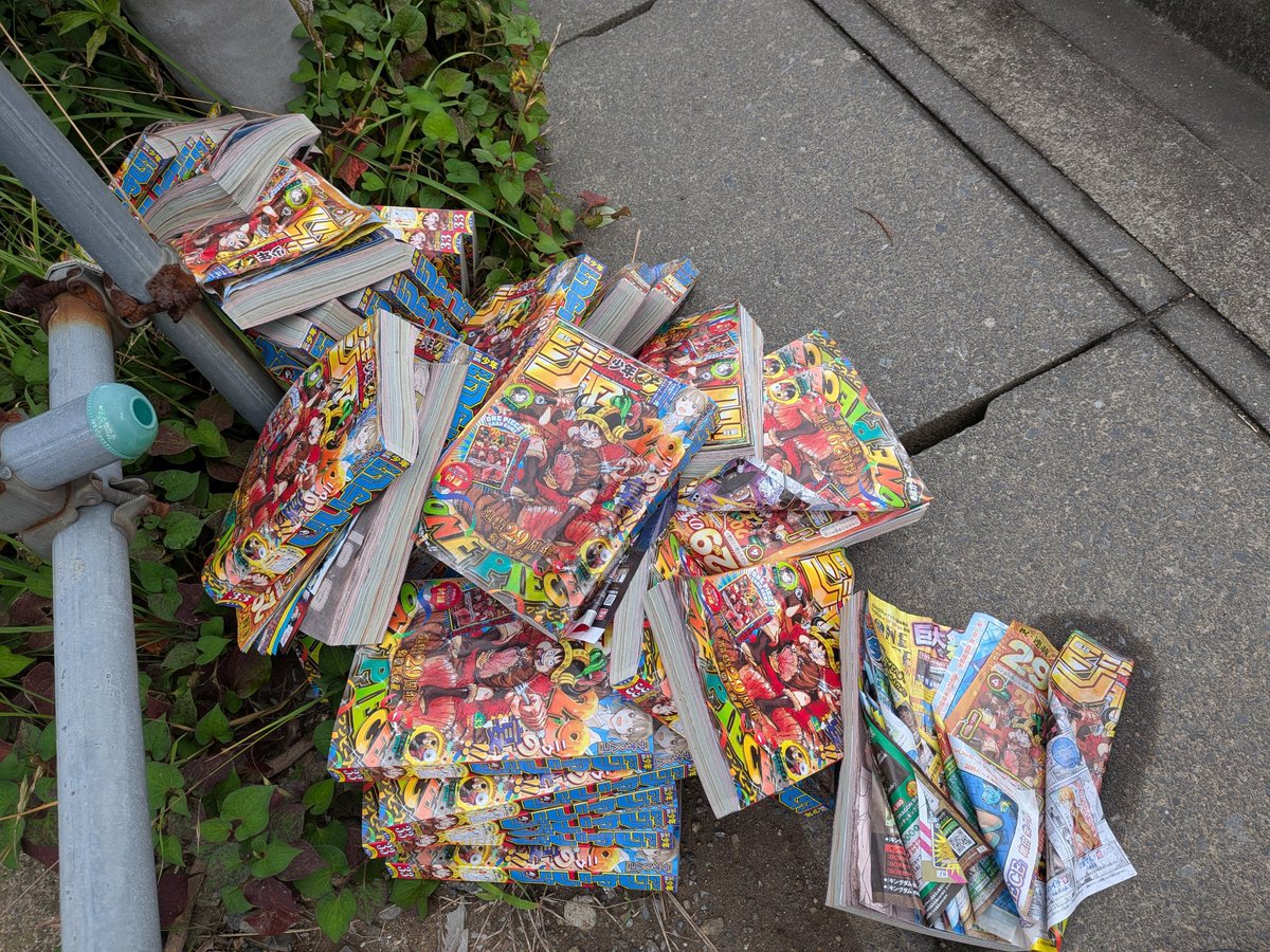 AnimetrendsLA's tweet photo. Los revendedores en Japón están arrojando las revistas Weekly Shonen Jump a la calle, después de sacarles la carta de One Piece. 😭

CONTEXTO: Esta edición de la revista traía una carta coleccionable. La especulación y reventa se salió de control. https://t.co/eap8jstHeY