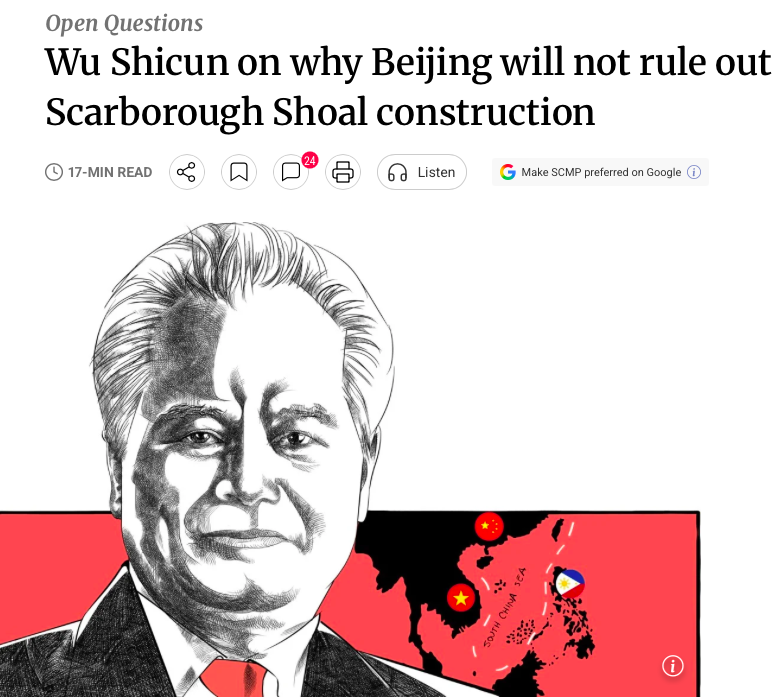 bill_hayton's tweet photo. Wu Shicun is a sophisticated actor in Beijing's South China Sea propaganda apparatus, so what is the purpose of his latest intervention? I guess he's waving the stick, presumably while others are (more quietly) offering carrots to Manila to dial down the relationship with the US https://t.co/Dy16CW97ki