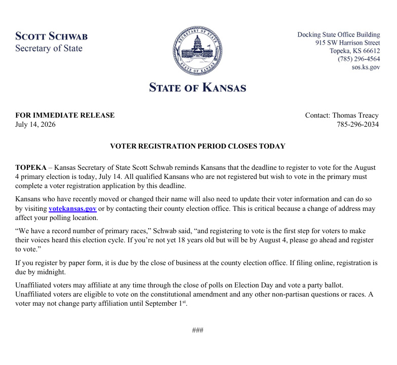 KansasSOS's tweet photo. Release: Voter Registration Closes Today #ksleg #kselections https://t.co/O3atm9okhJ