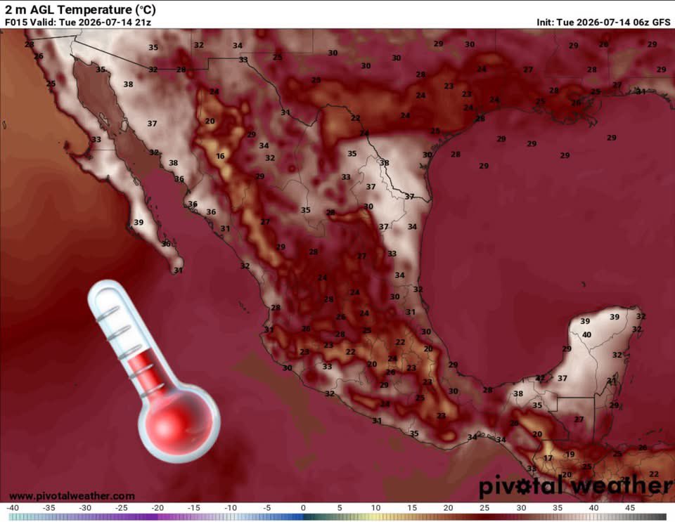 InfoMeteoro's tweet photo. ✅PRONÓSTICO MARTES 14/JUL/2026 

“Continuará #PolvoDelSahara en la mitad centro-oriente, disminuyendo lluvias; intensas tormentas al norte y occidente, regulando calor…”

⛈️LLUVIAS Y TORMENTAS C/GRANIZO

🔴LAS MÁS INTENSAS🔴
-Coah, Chih, Son, Sin, Jal

🟡EVENTOS AISLADOS FUERTES
-QRoo, Camp, Chis, Tab, Ver, Pue, Tlax, Oax, EdoMex, Hgo, CDMX, Qro, Gto, SLP, Tamps, NL, Zac, Gro, Mich, Col, Nay, BCS, Dgo

🌡️AMBIENTE DIURNO☀️
🔥41-45ºC BC, BCS, Son, Sin, Coah, NL, Tamps, Nay, Mich, Tab, Camp, Yuc
🥵36-40ºC noroeste, noreste, sureste
🥵26-35ºC Pacífico sur, oriente, Bajío, Occidente
😅15-25ºC centro

⚠️🌬️RÁFAGAS DE VIENTO km/h
35-60 estados del norte, centro, sureste, siendo mayores en zonas de tormenta