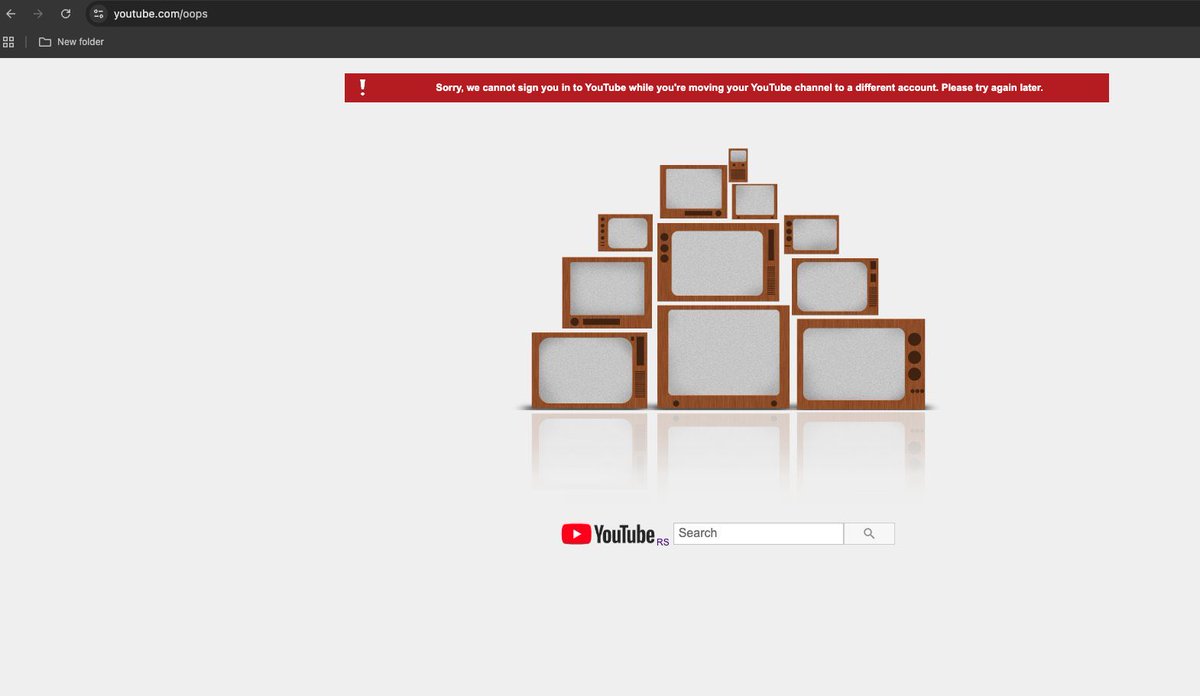 eraa_111's tweet photo. @TeamYouTube I transferred my main channel to a brand account 16 hours ago but now all my channels disappeared and it shows "Sorry, we cannot sign you in to YouTube while you're moving your YouTube channel to a different account. Please try again later." https://t.co/WklFGfsRDI
