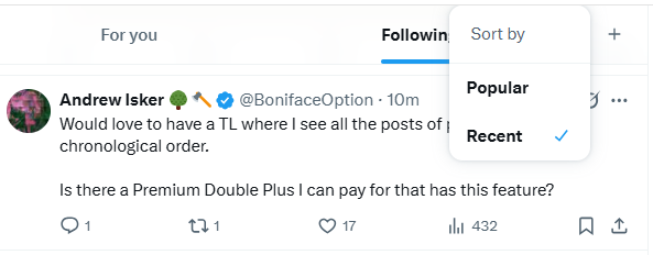 SheboyganDude's tweet photo. @BonifaceOption Do you have it set to the "for you" or "popular" or something else?   Following/Recent is exactly what you want. https://t.co/qKzVtzAF9C