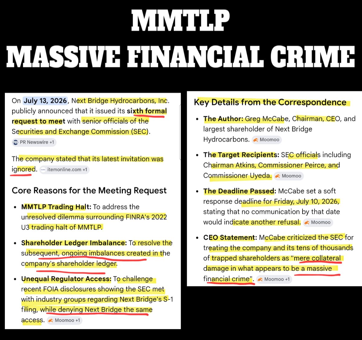 stephmase22's tweet photo. 📣📣MMTLP MASSIVE FINANCIAL CRIME BEING COVERED UP BY THE SEC 🙈🙊🙉

Next Bridge Hydrocarbon has announced its sixth attempt to set a meeting with the SEC regarding the MMTLP U3 Halt that left 
65 THOUSAND SHAREHOLDERS trapped with no transparency or answers for over 3 years.

Greg McCabe, CEO of Next Bridge Hydrocarbon, describes the situation as the SEC
"treating the company and its tens of thousands of trapped shareholders as "mere collateral damage in what appears to be a massive
financial crime"

SEC and FINRA protecting illegal naked short sellers instead of the victims of the CRIME‼️