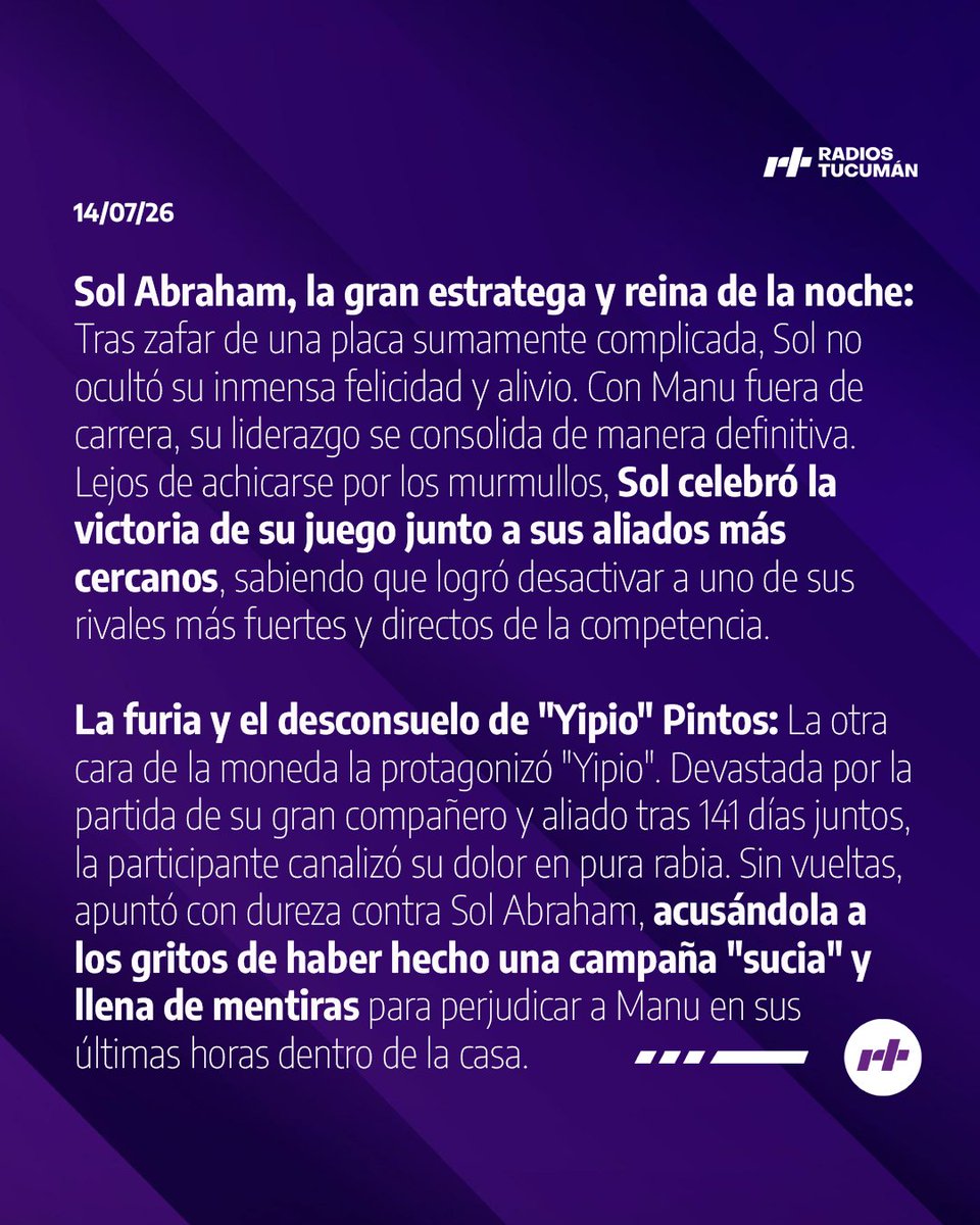 radiostucumanok's tweet photo. "Yipio" canalizó su dolor en pura rabia. Sin vueltas, apuntó con dureza contra Sol Abraham, acusándola a los gritos de haber hecho una campaña "sucia" y llena de mentiras para perjudicar a Manu en sus últimas horas dentro de la casa.
#GranHermano #GHEliminación #SolGH #YipioGH https://t.co/zLMRzmG6hQ