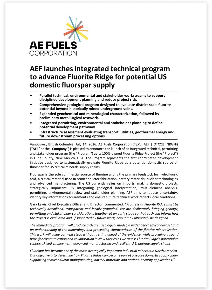 MitchSmithVanc's tweet photo. The US can’t build the next generation of semiconductors, EV batteries, nuclear technologies and advanced manufacturing without a secure domestic supply of fluorine.

Fluorspar is the essential feedstock for hydrofluoric acid (HF), yet the U.S. remains heavily reliant on imports.

Today,  @aefuelscorp 🇨🇦 $AEF | 🇺🇸 $NRGFF launched an integrated technical, environmental and stakeholder program at its 100%-owned Fluorite Ridge Project in New Mexico, taking another step toward evaluating a potential domestic source of this strategically important critical mineral.

As governments prioritize supply chain resilience, projects capable of supplying critical industrial inputs are becoming increasingly valuable.

Full details here: https://t.co/Mb4KkY6YQb