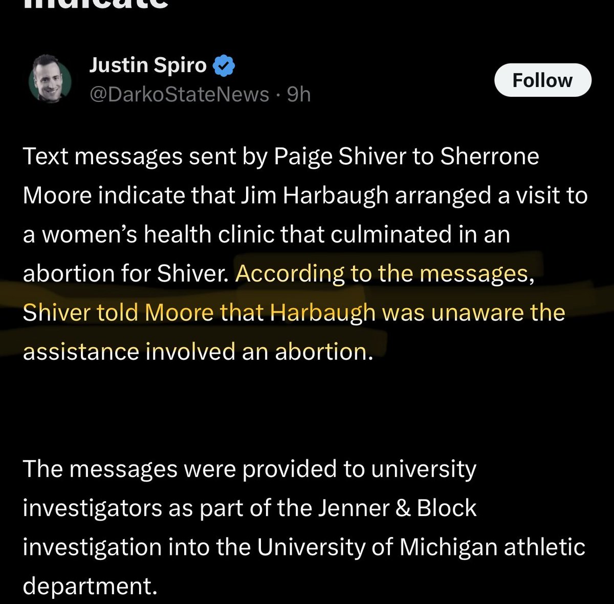 CognitoTV's tweet photo. @DylanEveryday I mean, doesn’t this section negate the entire poster’s claim that Harbaugh somehow encouraged her procedure? https://t.co/hx6sdMHNU9
