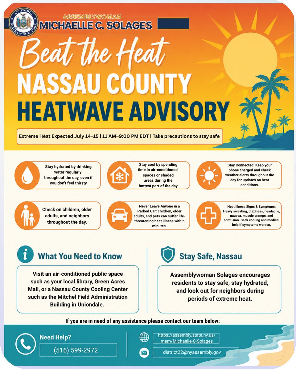 SolagesNY's tweet photo. It’s going to be dangerously hot across Nassau County Tuesday and Wednesday, with the heat index possibly reaching 105 degrees. 

Drink plenty of water, avoid strenuous outdoor activity during the hottest part of the day and check in on older relatives and neighbors. 

Stay cool! https://t.co/RniNrOjeAM