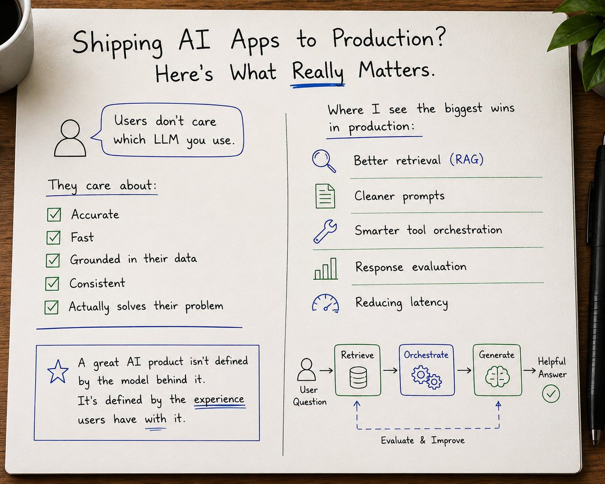 digv_pundir's tweet photo. The biggest surprise after building production AI applications?

Users don't care which LLM you use.

They care about whether the answer is:
✅ Accurate
✅ Fast
✅ Grounded in their data
✅ Consistent
✅ Actually solves their problem
As engineers, we often spend hours comparing models.
In production, I've found the bigger wins usually come from:
• Better retrieval (RAG)
• Cleaner prompts
• Smarter tool orchestration
• Response evaluation
• Reducing latency
A great AI product isn't defined by the model behind it.
It's defined by the experience users have with it.
What's been your biggest lesson from shipping AI into production?

#AIEngineering #GenAI #RAG #LLM #SoftwareArchitecture #BuildInPublic