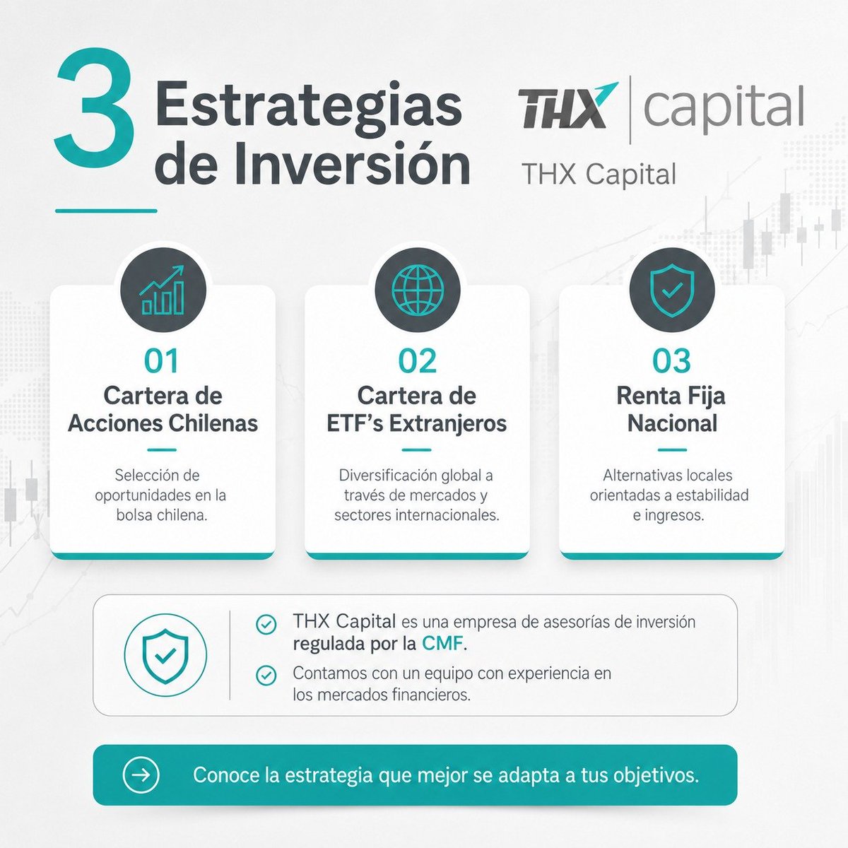 ulisesarayad's tweet photo. Invertir no es elegir al azar. Es tener una estrategia.

En THX Capital contamos con tres líneas de inversión diseñadas para distintos objetivos:

🇨🇱 Cartera de Acciones Chilenas
🌎 Cartera de ETF’s Extranjeros
🏦 Renta Fija Nacional

Somos una empresa de asesorías de inversión regulada por la CMF, con un equipo con experiencia en mercados financieros.

Nuestro foco es ayudarte a construir una estrategia clara, diversificada y alineada con tus objetivos.

Conoce qué alternativa se adapta mejor a ti.

#Inversiones #BolsaChilena #ETF #RentaFija #THXCapital #MercadosFinancieros