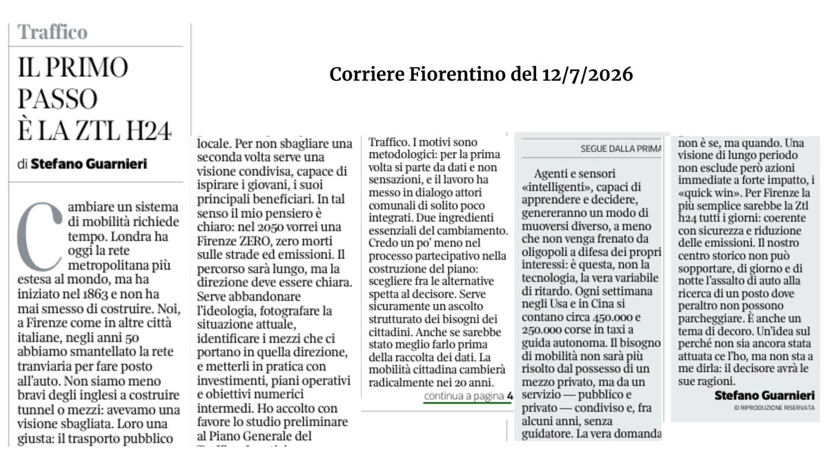 vaLoreVita's tweet photo. Una mobilità cittadina a zero morti e zero emissioni è possibile, e dovrebbe essere l'intento strategico di ogni amministrazione. A Firenze l'amministrazione sta costruendo il Piano Generale del Traffico. Credo sia una buona partenza sul fronte dell'analisi dei dati, ma manchi ancora il coraggio di una visione chiara e netta. Ci sono poi dei "quick win" che sarebbero facili da cogliere ma che non si vogliono cogliere — come, ad esempio, avere una ZTL attiva 24 ore su 24.
Ne parlo in questo editoriale del Corriere Fiorentino.
#sicurezzastradale
