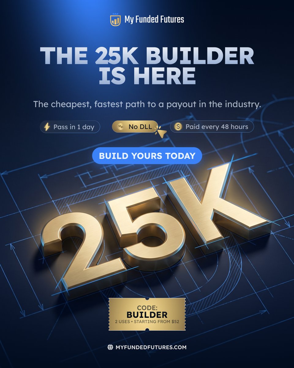 MyFundedFutures's tweet photo. The 25K Builder is here 🏗️

No DLL.🚨
Pass in 1 day ⚡
Paid every 48 hours 💵

🎟️50% off with code BUILDER (2 uses) - starting from $52 https://t.co/9EkG2u1Wda
