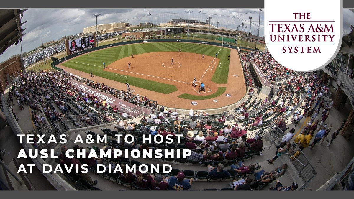 tamusystem's tweet photo. .@TAMU will host the 2026 @theAUSLofficial Championship at Davis Diamond later this month, July 23-26.

Regarded as one of the nation's premier softball venues, @AggieSoftball's Davis Diamond will welcome the league's top teams for the postseason, featuring a play-in game and a best-of-three championship series.

@12thMan: https://t.co/DXQwMJkcog