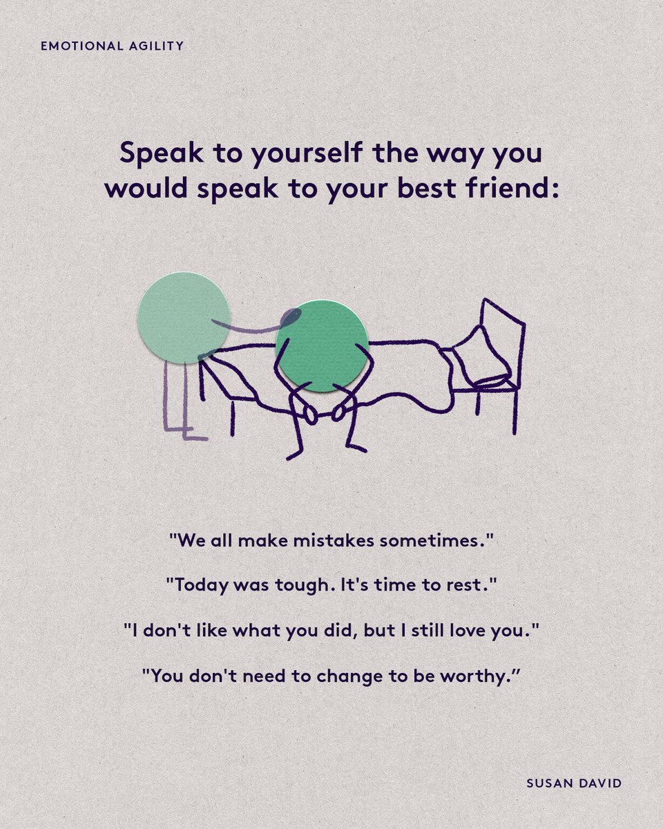 SusanDavid_PhD's tweet photo. There's a misconception that you need to be tough on yourself as you move toward your goals. On the contrary, research shows that self-compassionate people aim just as high as self-critical people do.

Offer yourself words of support while you work your way toward your goal. https://t.co/HpfGOksodV