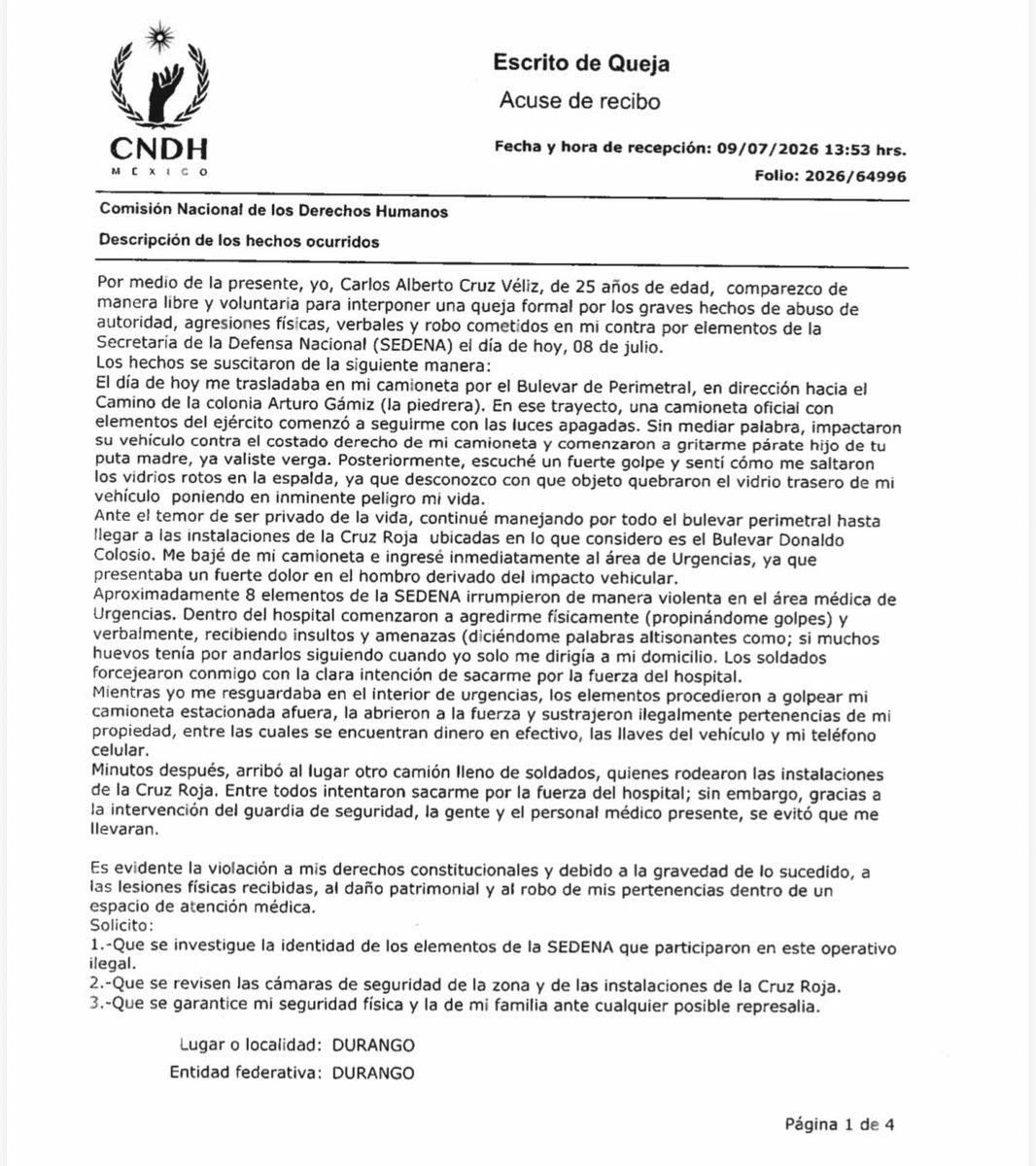 CarlosTorresF_'s tweet photo. ⚠️ Nuevo abuso de desaparición forzada del ejército 👉 @Defensamx1.

En Durango, un ciudadano denunció ante la @CNDH a elementos del ejército que sin razón alguna, intentaran levantar a un ciudadano.

Los hechos ocurrieron el pasado 8 de julio cuando Carlos Alberto Cruz Véliz  de 25 años de edad fue interceptado por un vehículo del ejército para obligarlo a detenerse sin ninguna causa.

Al no hacerles caso, se refugió en un hospital de la @CruzRoja_MX en la ciudad de Durango, sin embargo, los elementos rodearon el edificio para intentar sacar al joven de 25 años.

Pero eso sí, en Morena aseguran que el Estado ya no levanta a nadie y @RosarioPiedraIb les saldrá a lavar la cara.