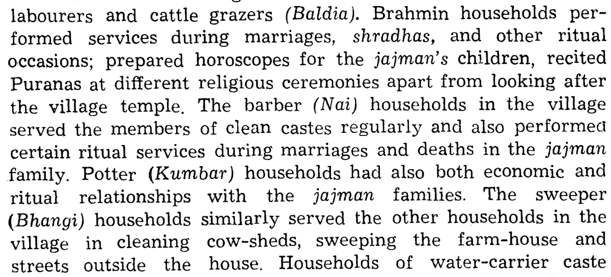 BlueBlistering's tweet photo. In 1967–68, sociologist Madhu Mishra studied the Jat village of Jatpura in Muzaffarnagar district, Western Uttar Pradesh. Jatpura was a multi-caste village in which the Jats were the dominant and principal cultivating community. Mishra found that the Jats occupied the central position in the village economy They owned 84.6% of all village land making them the principal jajmans (patrons/service-receivers) in the traditional jajmani system.
The remaining occupational groups functioned as kamins (service providers), each maintaining customary hereditary relationships with Jat households. Brahmins performed religious duties at marriages, shraddhas and other rituals etc. Nais (barbers) provided regular grooming services and assisted in life-cycle ceremonies. Kumhars (potters), Badhis (carpenters), Bhangis (sweepers), and other occupational communities similarly rendered specialized services to their Jat jajmans in return for customary payments and patronage.
The research illustrated how, even in the late 1960s, the Jajmani system in Western Uttar Pradesh revolved around Jat landowners and cultivation.