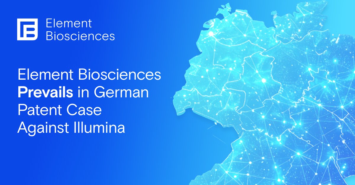 ElemBio's tweet photo. The Regional Court of Munich I has ruled that Illumina infringes patent rights controlled by Element. The judgment covers at least MiSeq and MiSeqDx. Illumina cannot supply these products in Germany and must recall systems and kits put into circulation since March 31, 2023.

Full statement: https://t.co/lawVoTOeEO.