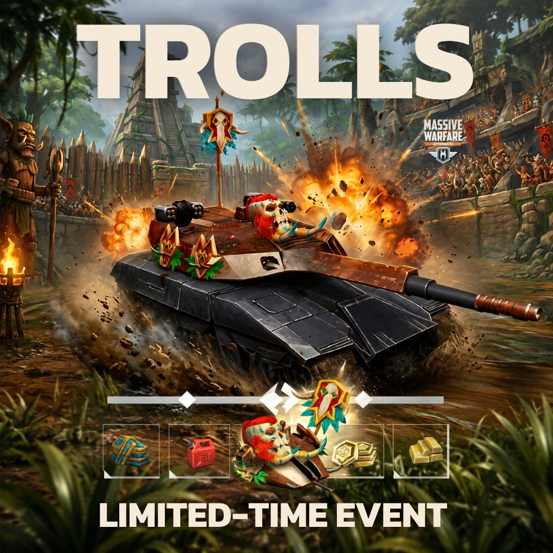 massivewarfare_'s tweet photo. βοΈ The Troll Invasion event is almost over! πΉ
Unlock exclusive troll-themed cosmetics and event rewards before they disappear.
β³ Don't miss your chance!
#MassiveWarfare #MWA #MobileGame #AndroidGame #iOSGame #Tanks https://t.co/MHBP1aAqPj