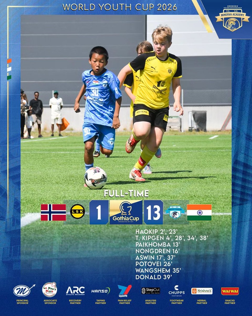 minervapunjabfc's tweet photo. FULL TIME.🕠

🇮🇳 Minerva Academy FC 1️⃣3️⃣–1️⃣ Lillestrøm SK 🇳🇴

Another dominant performance from our young warriors as they secure a second consecutive victory in the World Youth Cup 2026. 💙⚽

Two matches. Two wins. Twenty-five goals scored. 🔥🏆

#MAFC #TheFactory #WorldYouthCup2026 #IndianFootball #Warriors