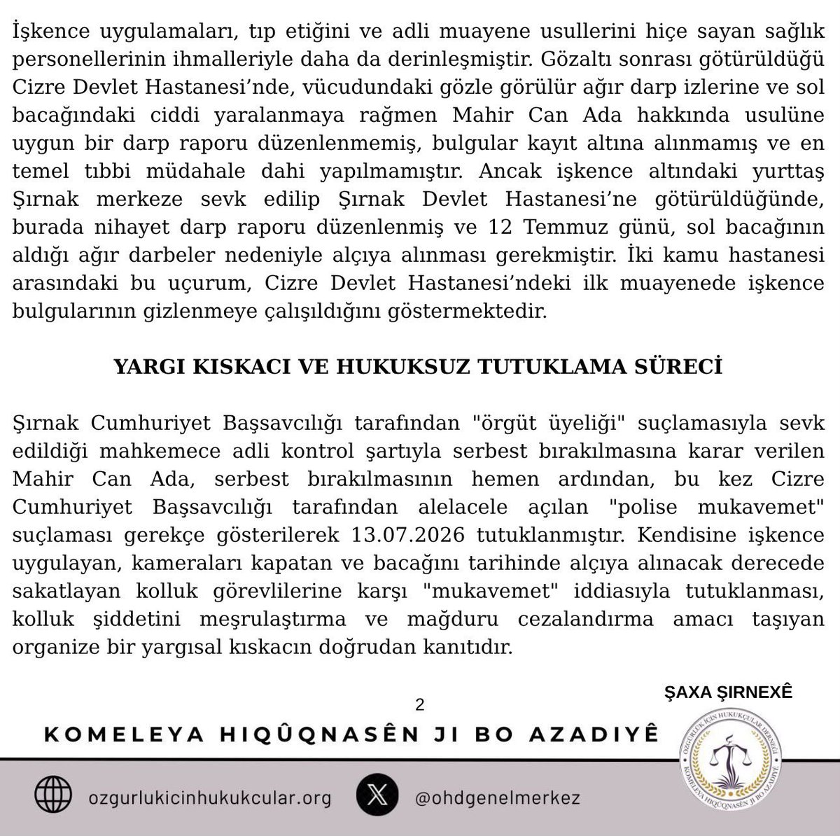 ohdsirnak's tweet photo. Geçtiğimiz günlerde Cizre ilçesinde  yaşanan kolluk şiddetine ve akabinde yaşanan ağır hak ihlallerine ilişkin açıklamamızdır; https://t.co/Ln59XuQv7D