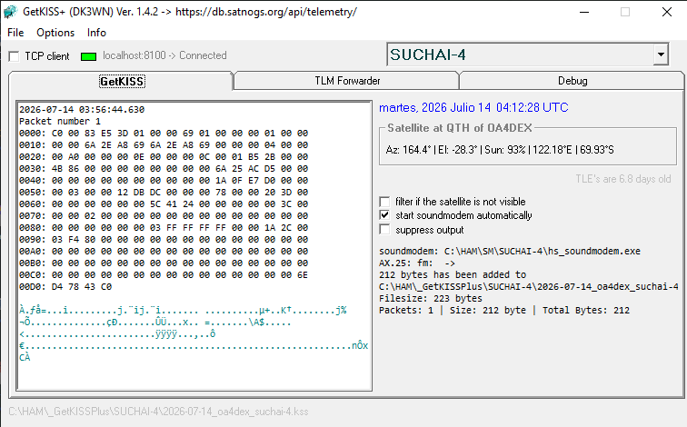 DexOa4's tweet photo. Successfully decoded one telemetry frame from the Chilean  SUCHAI-4 satellite! 🛰️
🛰️Satellite: SUCHAI-4 🇨🇱
📅 Date: 14 July 2026
🕒 Time: 03:40 UTC
📍 Ground Station: OA4DEX – Lima, Peru 🇵🇪 
73 from OA4DEX! 📡 https://t.co/q6YgOjBjzh