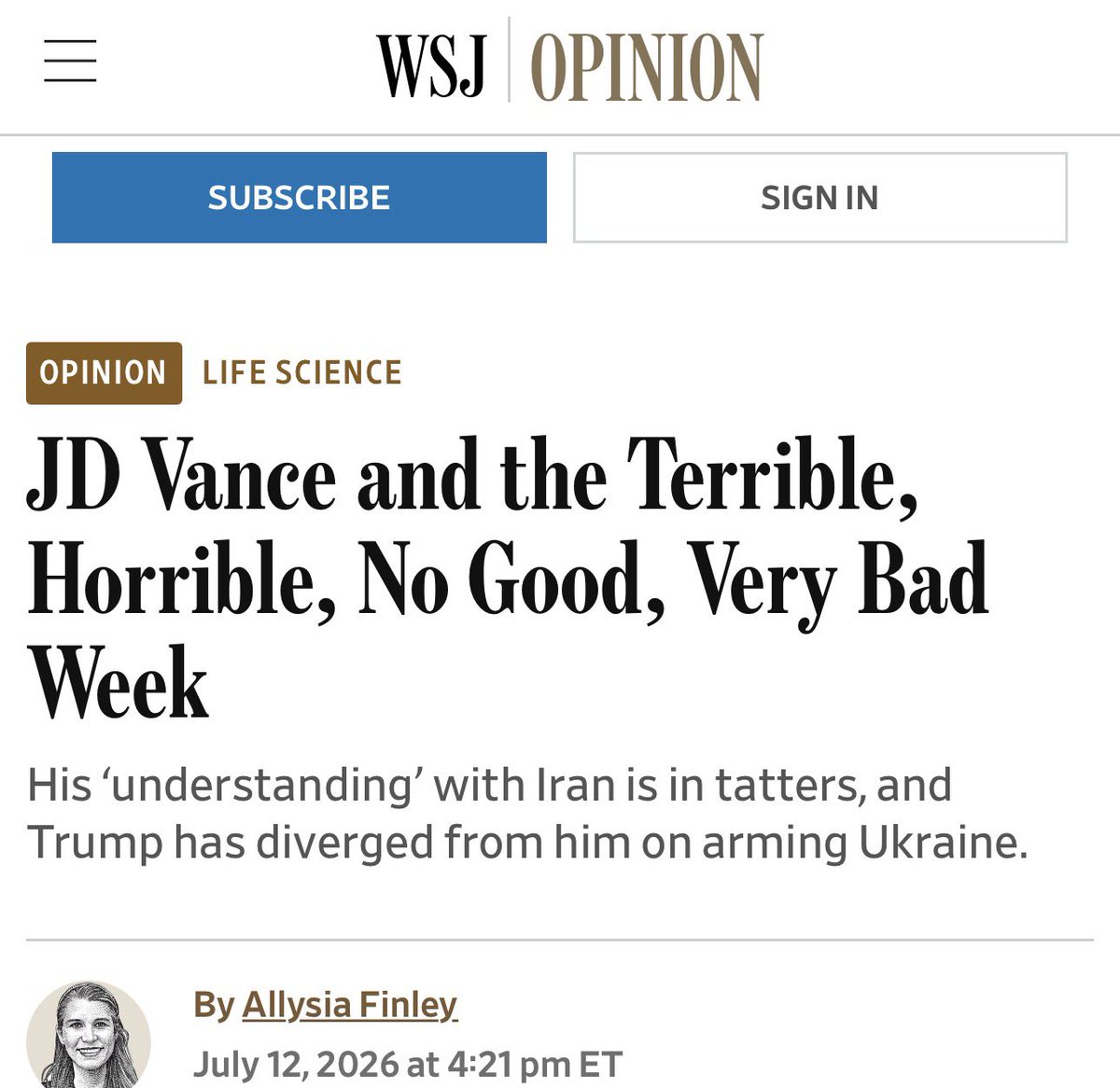 JewishWarrior13's tweet photo. 🚨WSJ: “JD Vance and the terrible, horrible, no good, very bad week. His “understanding” with Iran is in tatters, and Trump has diverged from him on arming Ukraine” https://t.co/J6wBTxZ1mb