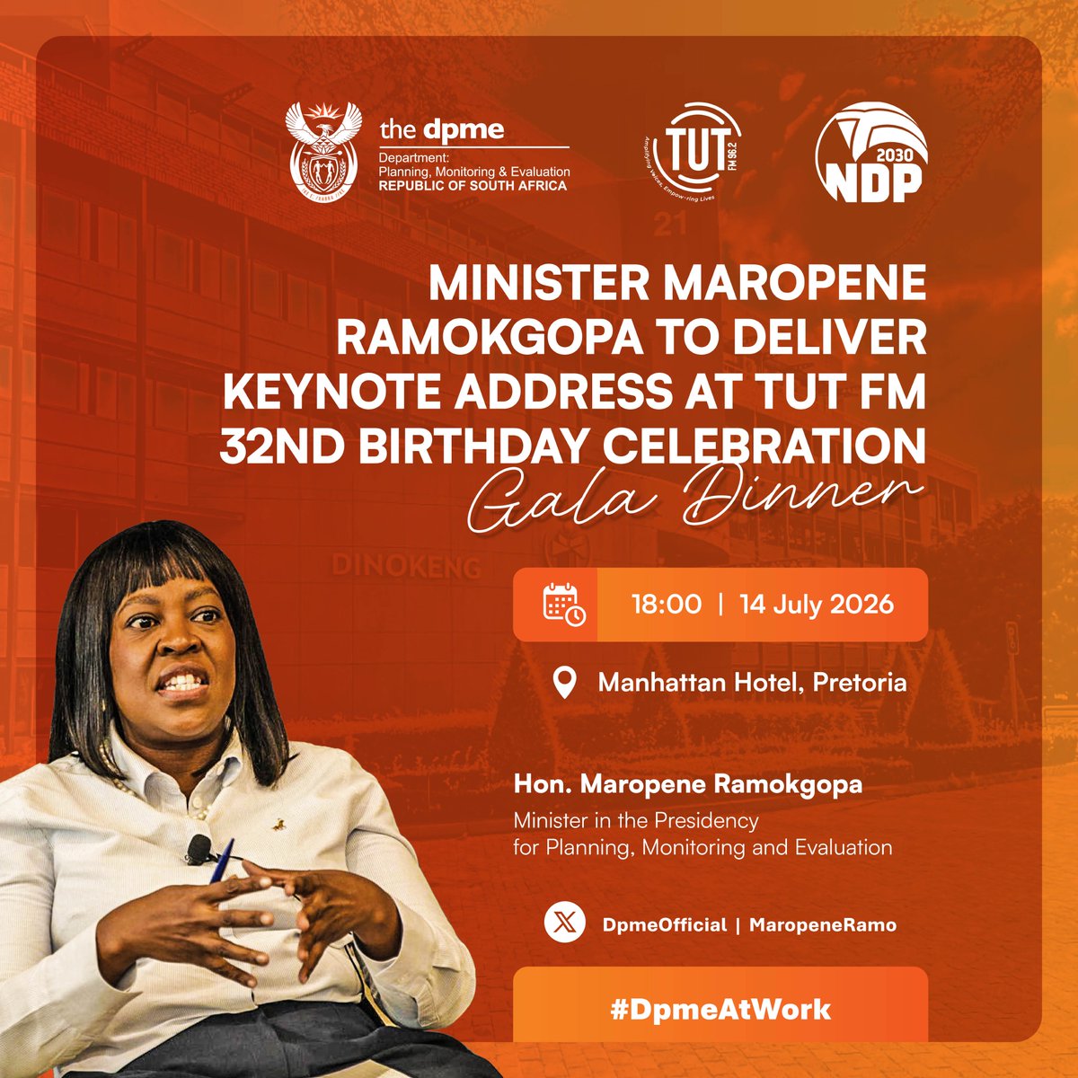 DpmeOfficial's tweet photo. Minister @MaropeneRamo will deliver a keynote address at the @TUTfm_962 32nd Birthday Gala Dinner, celebrating more than 3 decades of community broadcasting

@GovernmentZA @GCISMedia https://t.co/sWymkp3mtp