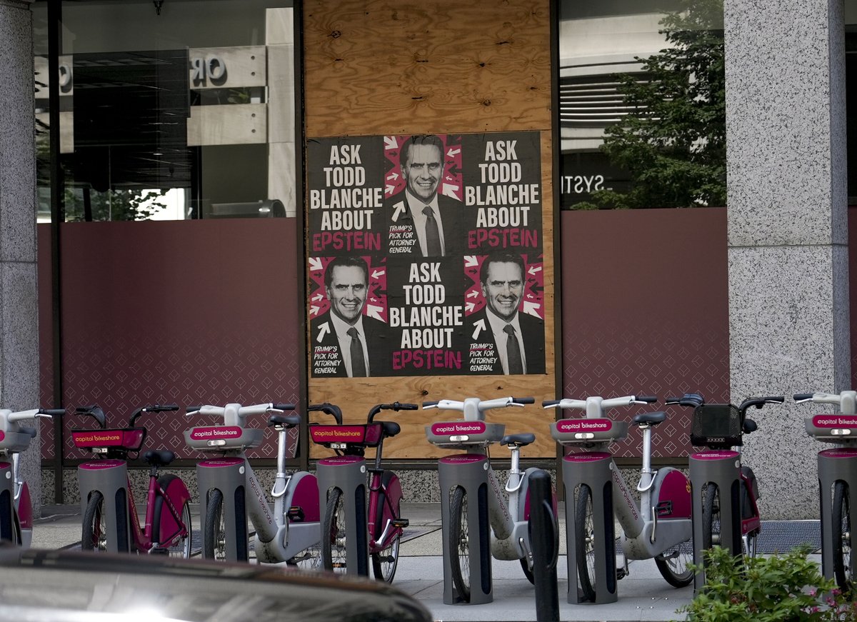 OfTheBraveUSA's tweet photo. We're blanketing DC with a simple message ahead of Todd Blanche's confirmation hearing: ASK TODD BLANCHE ABOUT EPSTEIN. Blanche oversaw the Epstein files release that exposed victims' information and redacted names of Epstein associates. Tell your senators to vote NO on Blanche. https://t.co/5yztQJ2LWe