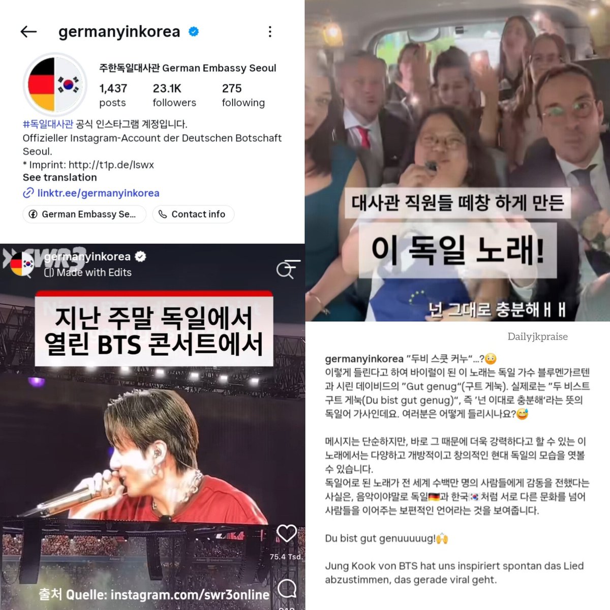dailyjkpraise's tweet photo. The official Instagram account of the German Embassy in Seoul mentioned Jungkook's influence. 🇩🇪🇰🇷

“The fact that a German song has touched millions of people globally shows that music is a universal language.
Jungkook inspired us to join the hype around the song that's now going viral.”