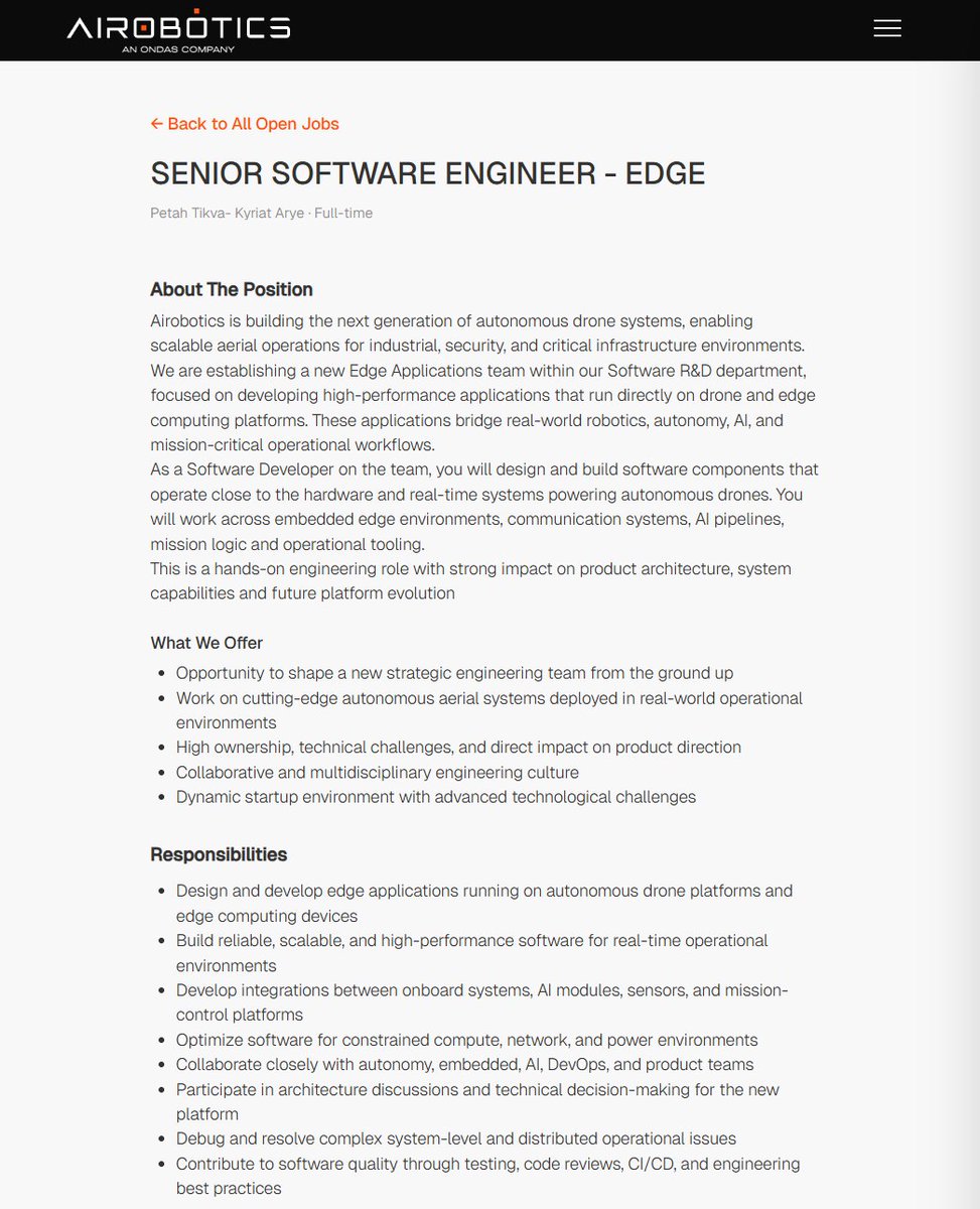 YoYInvestor's tweet photo. 🚨 $ONDS IS BUILDING A NEW EDGE APPLICATIONS TEAM AT AIROBOTICS 🚨

Airobotics recently posted a "Senior Software Engineer – Edge" position on their careers page.

The first line that stood out:

"We are establishing a new Edge Applications team within our Software R&D department."

According to the posting, this team will focus on:

🔹 Developing high-performance applications that run directly on drone and edge computing platforms

🔹 Building software that bridges robotics, autonomy, AI, and mission-critical operational workflows

🔹 Developing AI pipelines, mission logic, onboard systems, and communication systems

🔹 Optimizing software for constrained compute, network, and power environments

🔹 Participating in the architecture of the company's future platform evolution

This tells me that Airobotics is investing heavily in onboard intelligence, where more decision-making happens directly on the aircraft instead of relying solely on centralized systems.

What's particularly interesting is the use of the word "Edge."

Instead of sending sensor data back to a centralized server for processing, edge computing enables AI and mission software to run directly on the aircraft, which reduces latency, minimizes bandwidth requirements, and allows autonomous systems to continue operating even in degraded or contested communication environments.

Earlier this year, $ONDS announced SkyWeaver with $PLTR, describing it as "bringing AI and model inference to the edge." 

Now, the engineering direction appears consistent with that broader vision: more onboard AI, more edge computing, and more autonomous mission capability.

As we know, SkyWeaver integration across the $ONDS stack is slated for Q4 of this year.

Another recently-posted edge role reinforces this trend that focuses on:

• GNSS-denied navigation

• Visual navigation

• Sensor fusion

• VIO / SLAM

Airobotics is clearly investing in the core technologies behind next-gen autonomous drone systems 👀