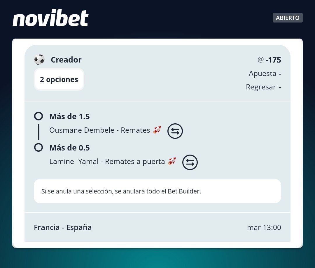 CheloPicks's tweet photo. Por acá les dejo mi jugada para esta Semifinal. 
🇫🇷🇪🇸

⚽-Copa del Mundo Semifinales 
🆚-Francia vs España 
🕐-1:00pm 
🛡-Ousmane Dembele más de 1.5 remates + Lamine Yamal más de 0.5 remates al arco 
📈-Cuota -175
#vamosjuntos https://t.co/4a4KDooXNB