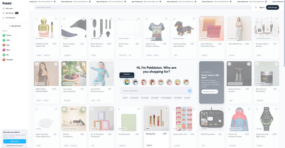 pebbliapp's tweet photo. @thdxr A delightful to use AI chat for finding the perfect gifts.

Record profiles on the people you regularly give gifts to to get reminders and recommendations. https://t.co/reeMqKZPWy