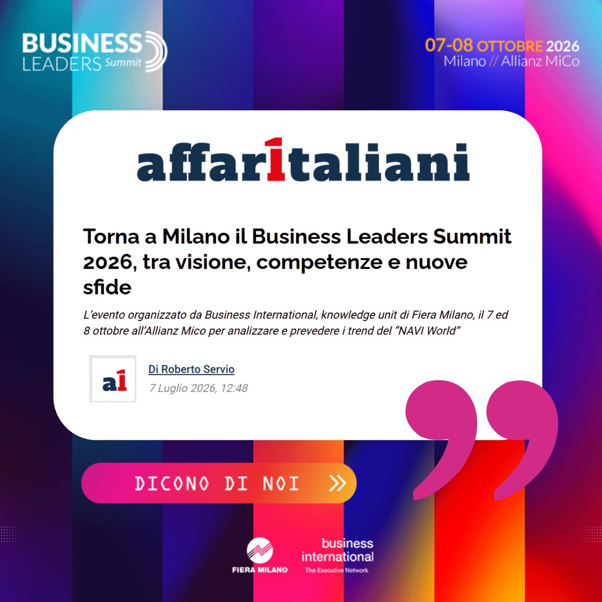 BIweb's tweet photo. Il Business Leaders Summit 2026 è già al centro del dibattito nazionale.

👉 Guarda l'agenda e prenota subito il tuo posto! Non perdere l'occasione di essere tra i protagonisti dell'evento dell'anno dedicato ai C-level: https://t.co/R4SI8XBJKh

✍️Grazie @Affaritaliani https://t.co/PGRTU2GIAA