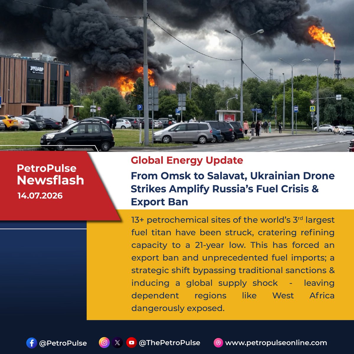 ThePetroPulse's tweet photo. #GlobalEnergyUpdate | Russian Refineries Under Sustained Attack as Diesel Crisis Deepens

Ukrainian drone strikes have hit more than 13 major Russian refinery and petrochemical facilities in July alone, including Syzran (Rosneft), Afipsky, Salavat (Gazprom Neftekhim), Omsk, and others. Primary processing units have been damaged, pushing Russian refining throughput to a 21-year low and triggering domestic fuel shortages, rationing, and export bans.

For the world’s third-largest crude and refined fuel exporter, this marks a new phase in the Russia-Ukraine war with direct petrochemical consequences.

West Africa, which has relied on Russian diesel and gasoil in recent years, could face higher import costs and supply competition. At the same time, the global tightness may ease pressure on crude barrels and create opportunities for African refiners like Dangote to expand regional supply.

https://t.co/RKrMGxj4BX