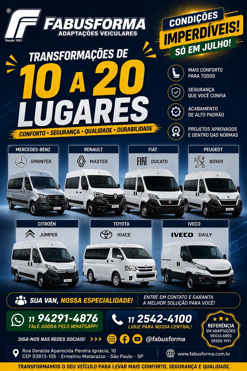 fabusforma's tweet photo. Nós da @fabusforma Adaptações Veiculares estamos fazendo outra ação neste nês de julho! Para as transformações / adaptações até 20 lugares estamos com um bonus de R$ 2000,00 REAIS!
Não deixe de fazer seu orçamento com o nosso time comercial!
11 94291-4876 / 2542-4100
#fabusforma https://t.co/KYnsyZiDno