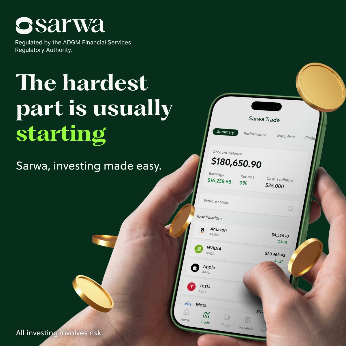 SarwaCo's tweet photo. Investing shouldn't feel complicated. We make sure it doesn't. Get started in minutes with UAE Pass. 

Sarwa is regulated by the ADGM Financial Services Regulatory Authority. All investing involves risk.