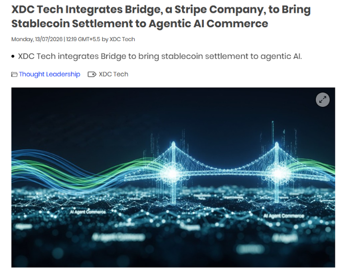 0xSynthChain's tweet photo. AI agents need money rails too.

@XDCNetwork's integration with Bridge (Stripe) brings compliant fiat access, virtual accounts, and near-real-time stablecoin settlement to the world of agentic commerce.

🔗 https://t.co/6tqAsVLaKq

#XDC #XDCNetwork #AgenticAI #Stablecoins #Web3 https://t.co/BySN1W5qJI