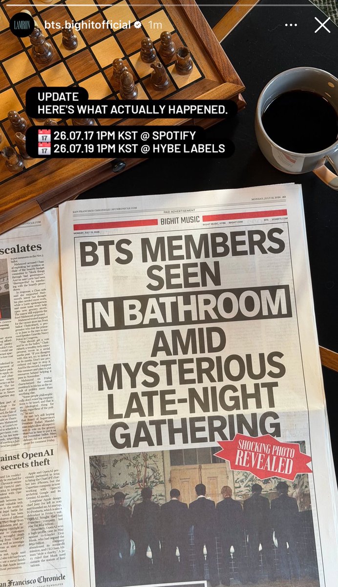 tksovers's tweet photo. BTS responds to the article of BTS members seen in bathroom on IG !! 

"UPDATE 
HERE's WHAT ACTUALLY HAPPENED. 

 📆  26.07.17 1PM KST @/Spotify 
 📅  26.07.19  1PM KST @/HYBELABELS" https://t.co/Vv3QZdrjgI