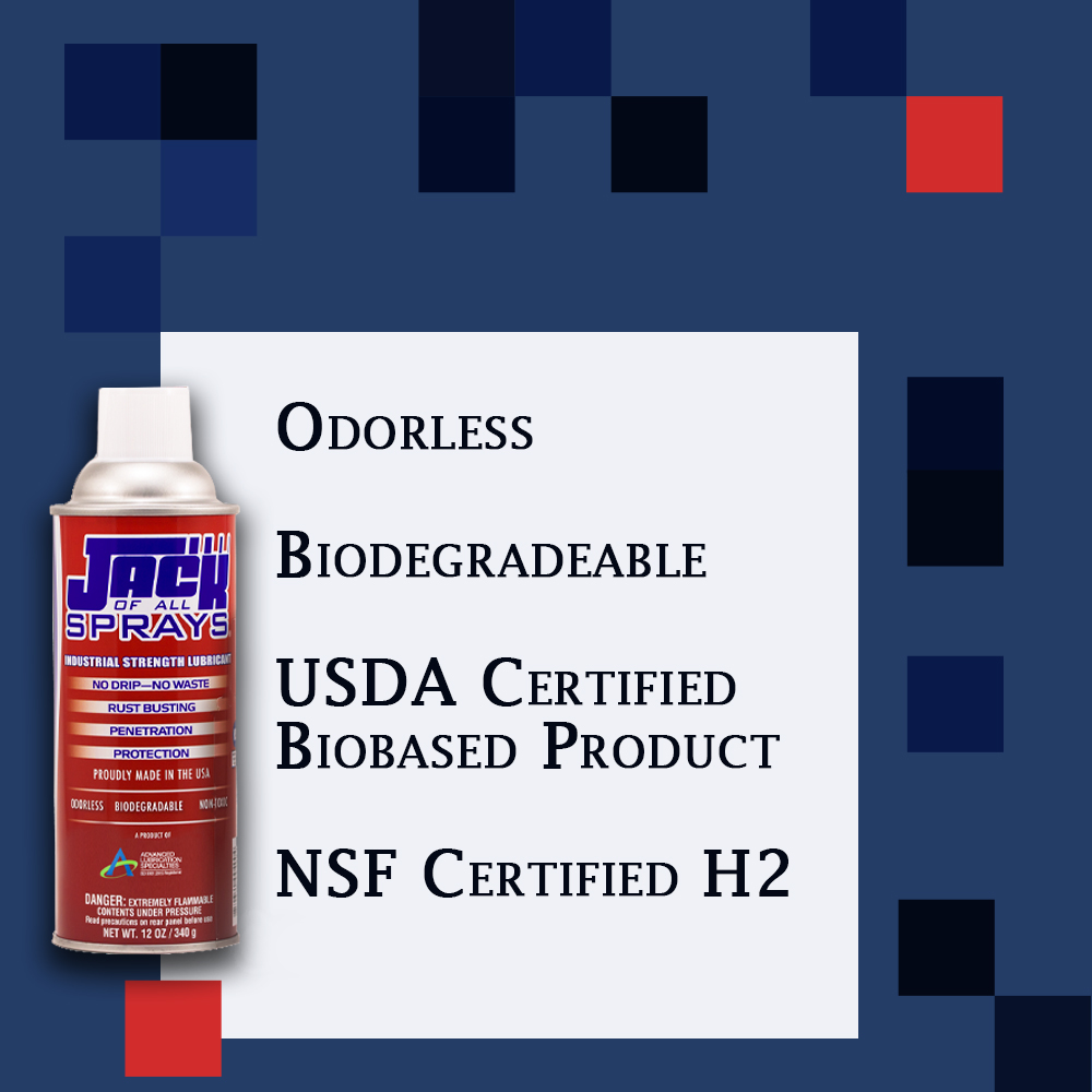JackofallSprays's tweet photo. Built for demanding applications without unnecessary odor or waste. Jack of All Sprays Industrial Strength Lubricant is biodegradable, USDA Certified Biobased, and NSF Certified H2.
#JackOfAllSprays #IndustrialLubricant #BiobasedProduct #USDACertifiedBiobased #NSFCertified https://t.co/7keLbsz6V1