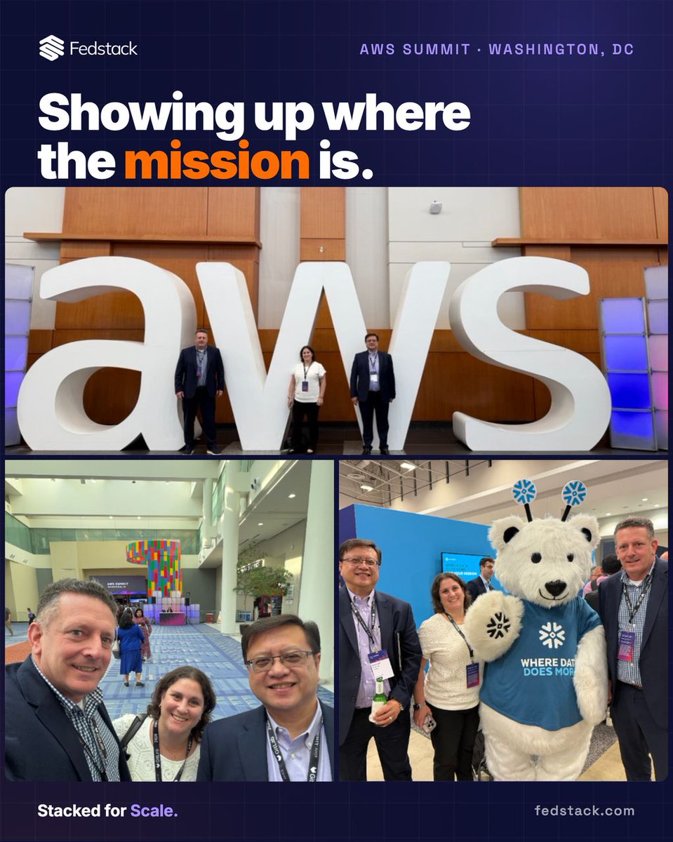FedStack's tweet photo. Showing up where the mission is.

AWS Summit Washington, DC brought together public sector builders for two days of learning, sharing, and building around real public sector challenges.

Fedstack is proud to prepare the technology talent federal teams need to keep moving. https://t.co/h35jxXyYPe