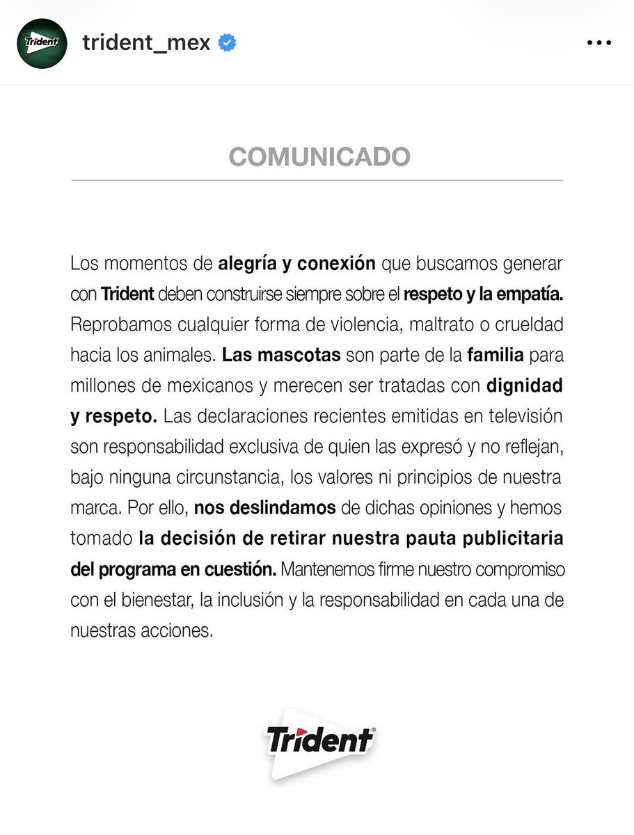 raulgtzoficial's tweet photo. 🚨 A través de sus cuentas oficiales, marcas como Halls, Panditas y Trident se deslindaron comercialmente del programa Ventaneando, reafirmando su compromiso con la sociedad y con valores como la inclusión, el respeto por los animales, la dignidad humana y las familias. 🤝🐾❤️

Las empresas dejaron claro que sus principios y responsabilidad social son una prioridad en las decisiones que toman sobre las iniciativas y espacios con los que colaboran. 📢
