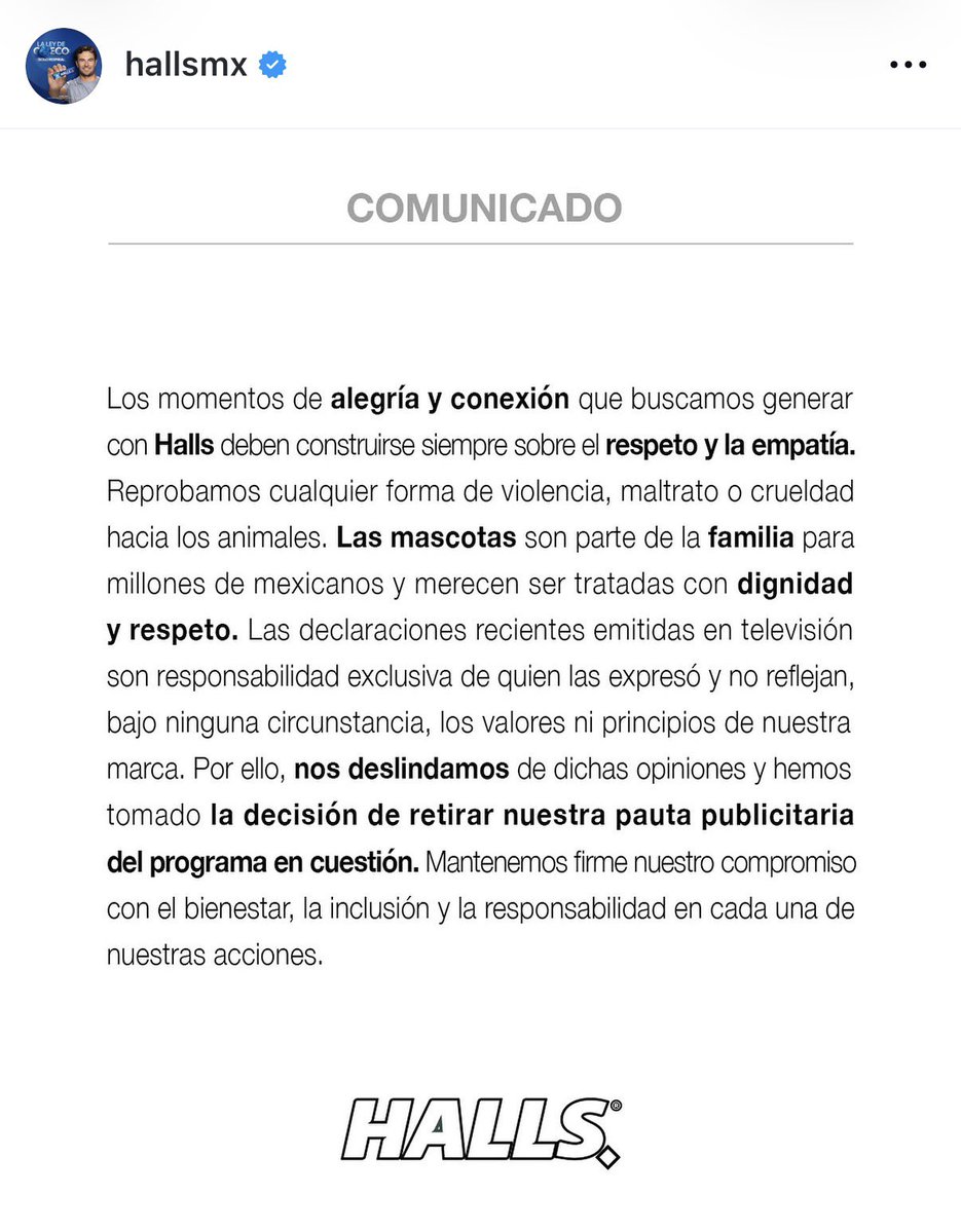raulgtzoficial's tweet photo. 🚨 A través de sus cuentas oficiales, marcas como Halls, Panditas y Trident se deslindaron comercialmente del programa Ventaneando, reafirmando su compromiso con la sociedad y con valores como la inclusión, el respeto por los animales, la dignidad humana y las familias. 🤝🐾❤️

Las empresas dejaron claro que sus principios y responsabilidad social son una prioridad en las decisiones que toman sobre las iniciativas y espacios con los que colaboran. 📢