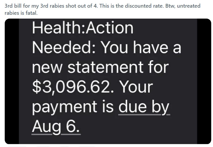 fuckyouiquit's tweet photo. A full course of Rabies Immune Globulin (RIG) costs upwards of $15000 in the US.
UK: $0
Spain: $0
Canada: $0
Brazil: $0
France: $0
Denmark: $0
Sweden: $0
New Zealand: $0
Italy: $0
Australia: $0 https://t.co/3NgKdzBvy2
