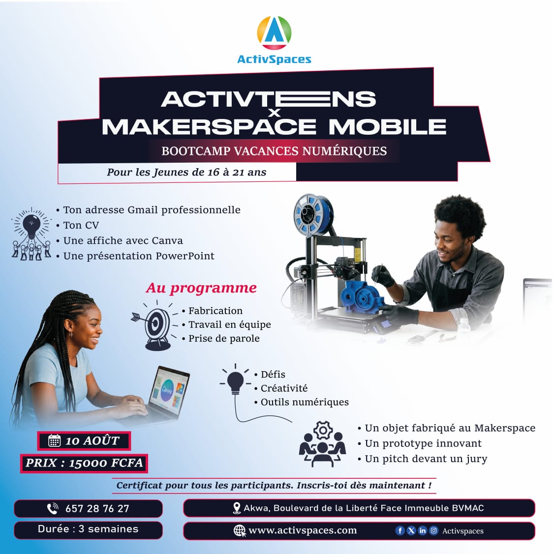 ActivSpaces's tweet photo. Bootcamp Vacances Numérique, développe tes compétences avec ActivTeens x Makerspace Mobile !

👥 16-21 ans
✅ CV pro
✅ Canva
✅ Makerspace
✅ Prototypage
✅ Pitch
✅ Travail en équipe

📅 Début : 10 août
 Places limitées
#ActivTeens #ActivSpaces #Innovation #Jeunesse #Makerspace https://t.co/3JsWpAmlV7