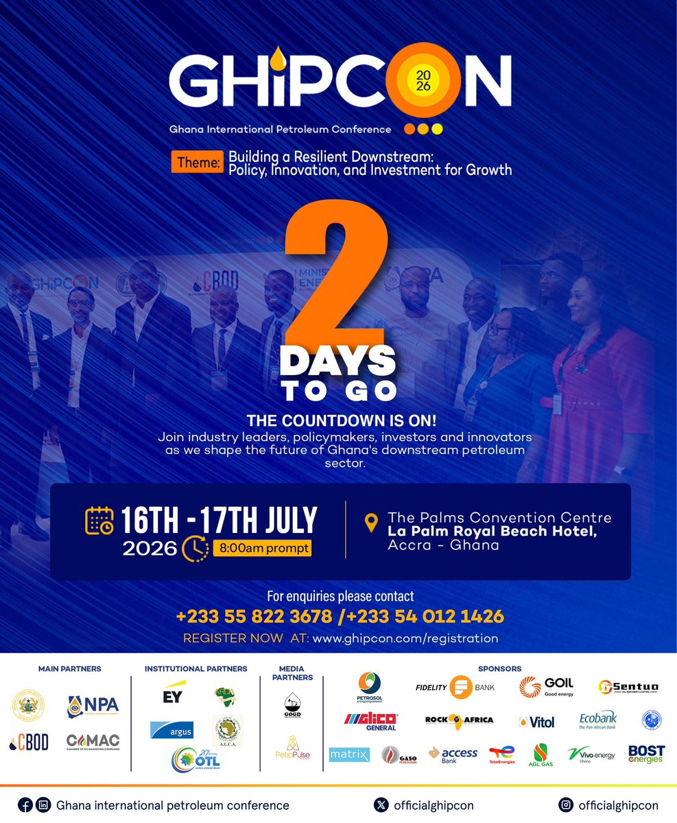 Ghipconofficial's tweet photo. We are just 2 Days away from the biggest gathering in Ghana's Downstream Petroleum industry. GhiPCon 2026 kicks off this Thursday!
Are you ready to connect and network with industry leaders? https://t.co/naOQLFvsYl