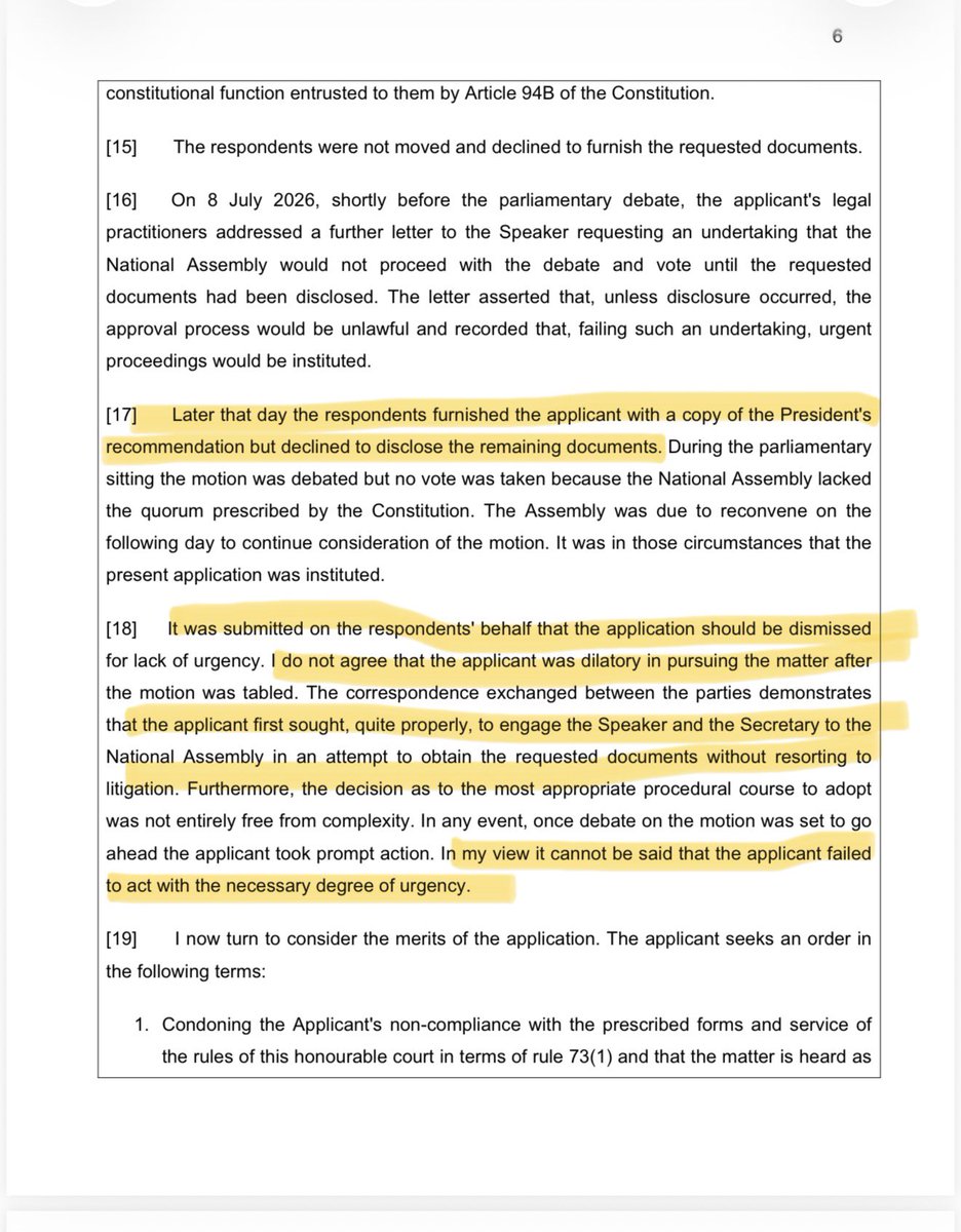 Shipululo's tweet photo. People of Namibia 🇳🇦
The FULL JUDGMENT of the FIRST APPLICATION of Job Shipululo Amupanda v Speaker of the National Assembly and 19 others has now been RELEASED. We JUST Realized that it was actually not Dismissed on Urgency as we THOUGHT, the Judge Just DECLINED TO GRANT an Interdict at this STAGE - Kind of those the LONG ARM of the Law will Catch the Criminal, even if it’s later. It confirms this Perspective we always had as Activists - There is WINNING is LOSING and also LOSING in WINNING. The JUDGMENT make three (3) Things Clear: (1) Recruitment of ECN Commissioners must be Transparent and Comply with the Constitution; (2) I can Challenge the Outcome if they Bulldoze it through without records; (3) he doesn’t agree with the Speaker’s technical and bureaucratic arguments of where the records are and who has custody. In Paragraph 25, the Judge makes this observation about the SECOND APPLICATION which we have since FILED: in summary and to paraphrase the judge is saying “It would be deeply unsatisfactory if, in future proceedings, the resolution of these constitutional questions – which concern transparency, accountability, and the right of Members of Parliament to access information necessary for the discharge of their duties – were to be defeated by a mere technical argument about who physically holds the documents or who is the 'custodian'. They CAN BULLDOZE their things but the Court SIGNAL is CLEAR - their Decision will be SET ASIDE. Here are SOME necessary parts of the Judgement which has been shared on our pages! We won’t retreat!