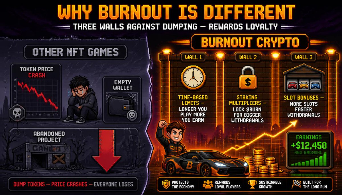 burnoutcrypt's tweet photo. Every NFT game dies the same way.

Players earn tokens → dump immediately → price crashes → everyone leaves.

We built 3 walls against that. 🧱

━━━━━━━━━━━━━━━━━━━━━━

🕐 WALL 1 — TIME-BASED LIMITS

Week 1: only 10% of your withdrawal limit available Week 13+: full 100% unlocked
New players who mint just to dump can't extract much. Players who stay get everything.

━━━━━━━━━━━━━━━━━━━━━━
🔒 WALL 2 — STAKING MULTIPLIERS

Lock $BURN to multiply your withdrawal limit. Tier 1 (500 staked): 1.1x limit Elite (50,000 staked): 2x limit + 25% race bonus

The more you commit to the economy → the more you can take out.

━━━━━━━━━━━━━━━━━━━━━━
🏠 WALL 3 — SLOT BONUSES
More garage slots = bigger limits + faster cooldown. 16-20 slots: +25% bonus, withdraw every 5 days.

Every slot you buy makes you MORE invested in the long term.

━━━━━━━━━━━━━━━━━━━━━━

The result?

A game that rewards loyalty. Punishes dumping. Gets stronger as the community grows.
That's Burnout Crypto. 🔥

$BURN #BurnoutCrypto #Solana #NFTGame #Tokenomics #Web3